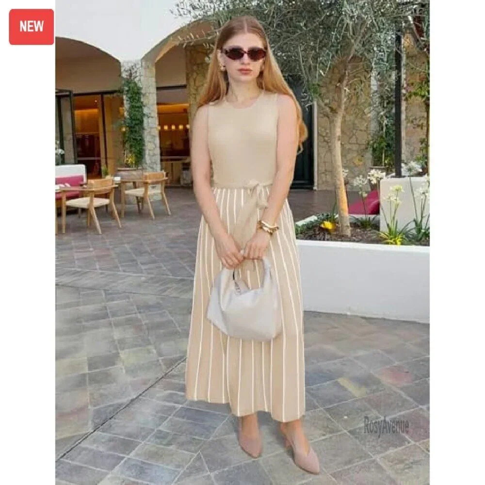 Sleeveless Maxi Dress Ribbed Knit Tie Waist A-Line Summer Casual